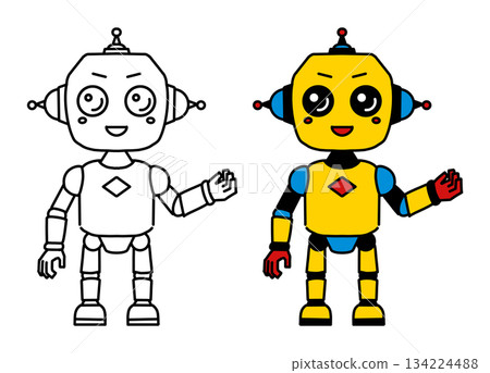 可愛的雙足機器人線條畫和彩色插圖集 134224488