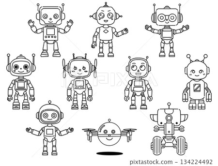Cute robot character line drawing illustration set Cute robot character line drawing illustration set 134224492