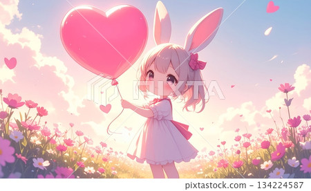 Cartoon illustration of a smiling woman in a pink dress with flowers in her hair, holding a red heart balloon, celebrating love and glamour Cartoon illustration of a smiling woman in a pink dress with flowers in her hair, holding a red heart balloon, celebrating love and glamour 134224587