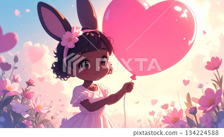 Cartoon illustration of a smiling woman in a pink dress with flowers in her hair, holding a red heart balloon, celebrating love and glamour Cartoon illustration of a smiling woman in a pink dress with flowers in her hair, holding a red heart balloon, celebrating love and glamour 134224588