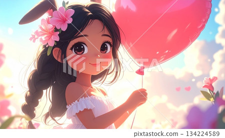 Cartoon illustration of a smiling woman in a pink dress with flowers in her hair, holding a red heart balloon, celebrating love and glamour Cartoon illustration of a smiling woman in a pink dress with flowers in her hair, holding a red heart balloon, celebrating love and glamour 134224589