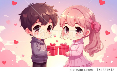 Cartoon vector illustration of a boy and girl couple smiling with a heart design, suitable for love, romance, wedding, or Valentine's Day Cartoon vector illustration of a boy and girl couple smiling with a heart design, suitable for love, romance, wedding, or Valentine's Day 134224612