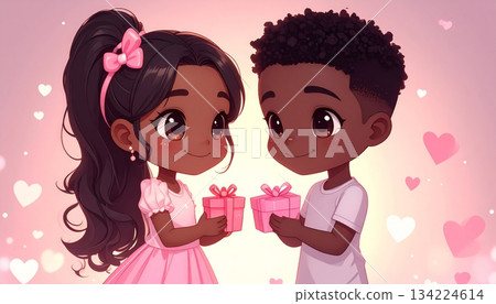 Cartoon vector illustration of a boy and girl couple smiling with a heart design, suitable for love, romance, wedding, or Valentine's Day Cartoon vector illustration of a boy and girl couple smiling with a heart design, suitable for love, romance, wedding, or Valentine's Day 134224614