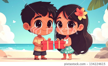 Cartoon vector illustration of a boy and girl couple smiling with a heart design, suitable for love, romance, wedding, or Valentine's Day Cartoon vector illustration of a boy and girl couple smiling with a heart design, suitable for love, romance, wedding, or Valentine's Day 134224615