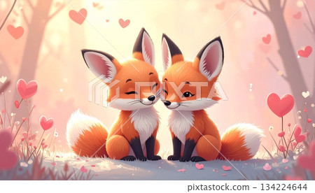 Cute red fox animal portrait with fluffy fur and loving eyes in the forest Cute red fox animal portrait with fluffy fur and loving eyes in the forest 134224644