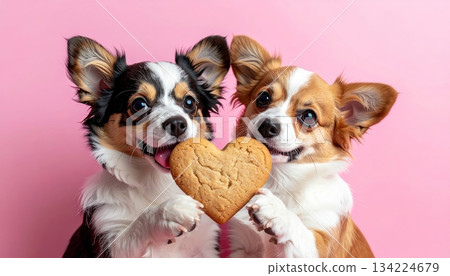 Two cute white Jack Russell Terrier puppies playing with a heart and a bone in the studio on a white background 134224679