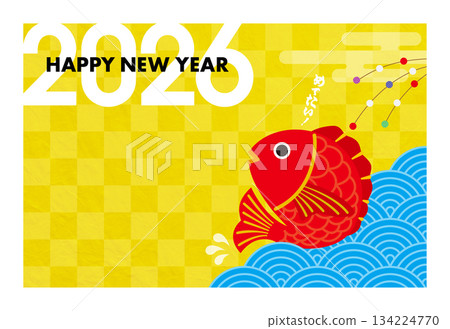 New Year 2026 Horse Year Happy New Year's Card with Red Snapper Illustration 134224770