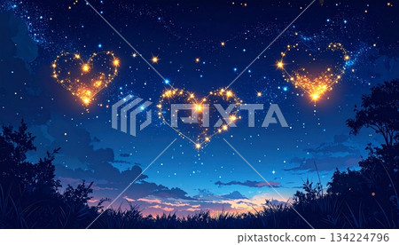 Christmas tree in a dark blue winter night landscape with snow, stars, and full moon Christmas tree in a dark blue winter night landscape with snow, stars, and full moon 134224796