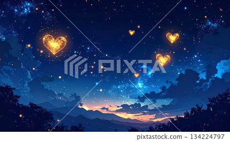 Christmas tree in a dark blue winter night landscape with snow, stars, and full moon 134224797