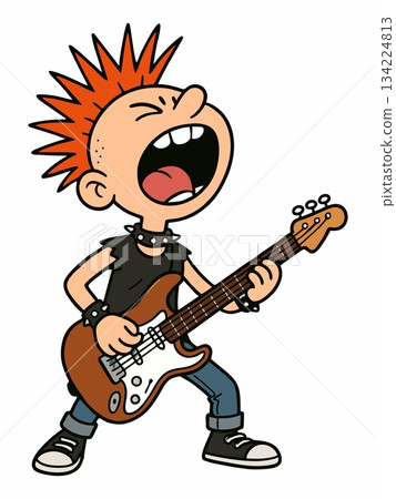 Cartoon illustration of a punk rock musician playing an electric guitar 134224813