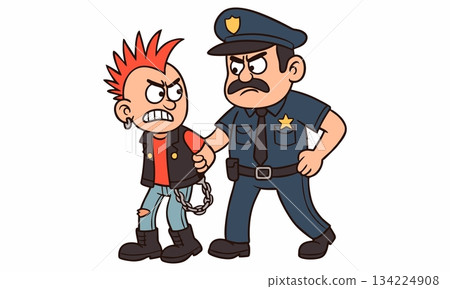 Funny cartoon illustration of punk rocker being arrested by police 134224908