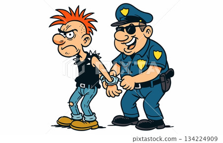 Funny cartoon illustration of punk rocker being arrested by police 134224909
