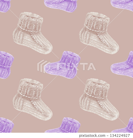 Beige and purple knitted socks in seamless pattern for World Prematurity Day awareness.Watercolor illustration for baby products,charity projects,medical campaigns,supportive social media content 134224927