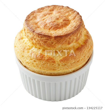 Savory golden cheese souffle, perfectly risen and baked in white ramekin. classic gourmet French dish 134225117