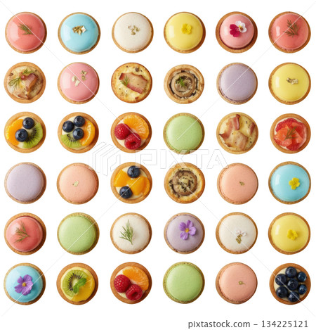 Delightful colorful assortment of tartlet pastry confectionery. Savory appetizer and sweet dessert for any party 134225121