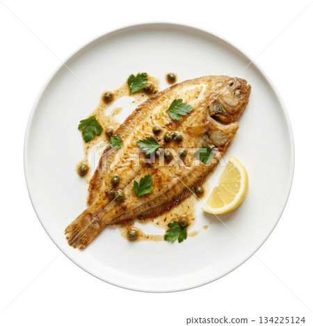 Delicious sole meuniere, gourmet dover sole fish pan fried in brown butter sauce with lemon and parsley on plate 134225124