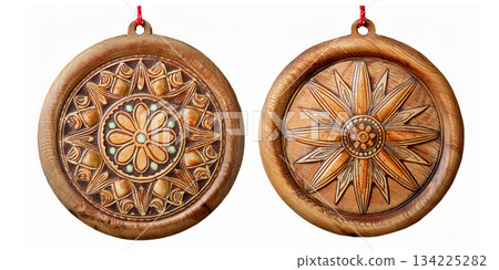 Two Handcrafted Wooden Round Ornaments With Carved Floral And Star Motifs For Holiday Decor 134225282