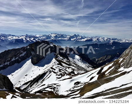 Snow-covered peaks and cliffs of Mount Pilatus 134225284