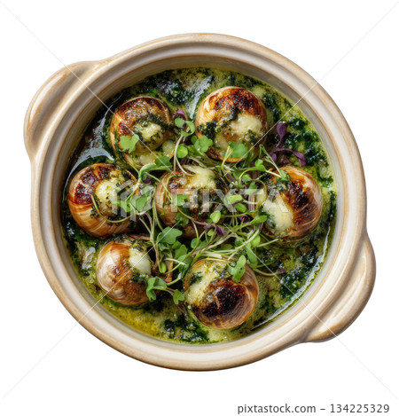 Appetizing Escargots de Bourgogne snails in garlic parsley butter, classic French dish served in ceramic pot 134225329