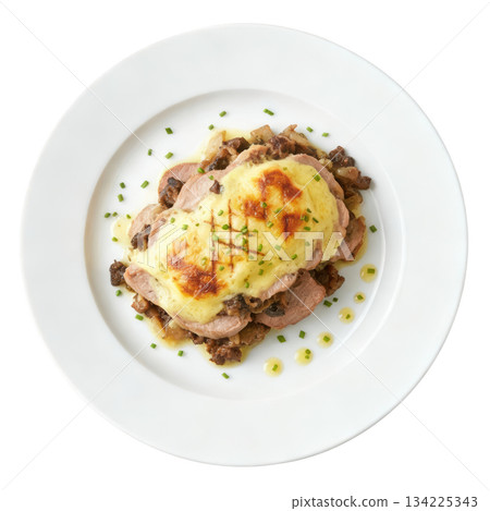 Classic Veal Orloff delicious french dish. Sliced veal layered with mushroom and onion in savory mornay sauce 134225343