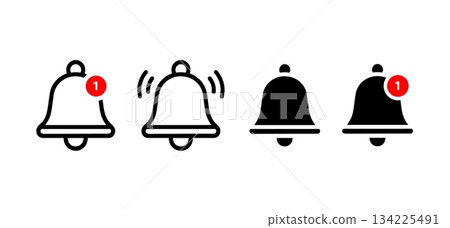 Notification bell icon in flat style on white background. Alert or reminder symbol for app interface, social media, or online channel design. Vector illustration. 134225491