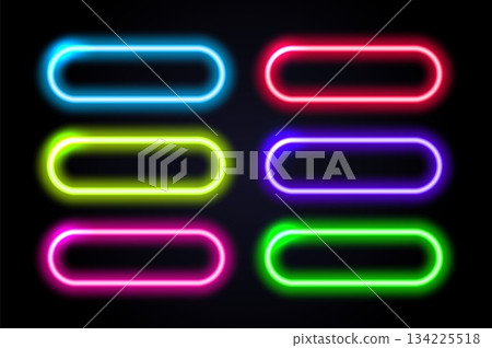 Glowing neon buttons set isolated on dark background. Realistic light frame borders collection for modern web design, mobile app, game interface, and digital projects. Vector illustration. 134225518