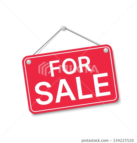 Hanging signboard with text For Sale in realistic vector style. Perfect for real estate ads, shop promotions, marketing materials, and online store announcements. Clean isolated illustration on white 134225520