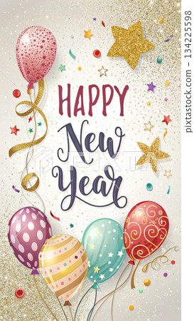 Joyful happy new year greeting card celebration with festive colorful balloon and glitter on white background Joyful happy new year greeting card celebration with festive colorful balloon and glitter on white background 134225598