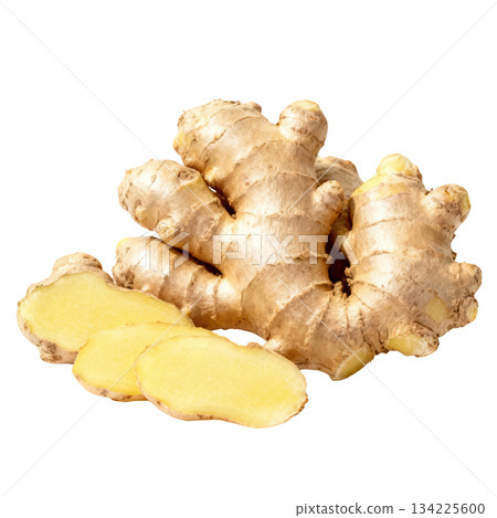 Fresh aromatic ginger root spice and raw slice. healthy natural ingredient for food on cutout background 134225600