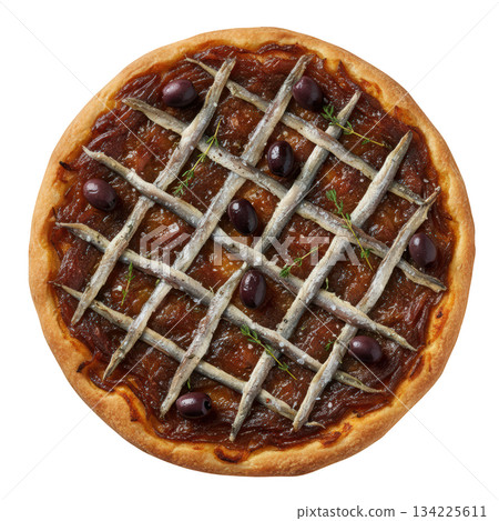 Savory traditional French pissaladiere with anchovy, caramelized onion, and black olive on bread dough base 134225611