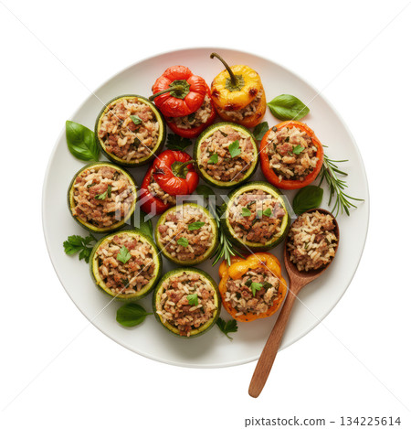 Delicious stuffed vegetable meal, Petits Farcis with zucchini and bell pepper. savory appetizer food for dinner 134225614