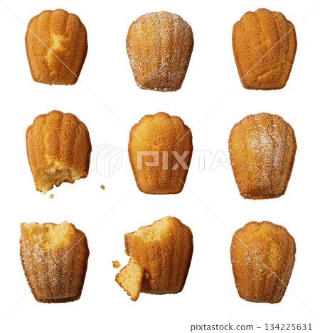 Delicious french madeleine cake collection. small shell shape sponge dessert pastry in grid on transparency background 134225631