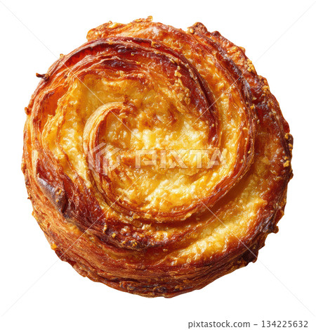 Delicious round Kouign Amann pastry, French butter cake with layered dough baked with caramelized sugar on top 134225632