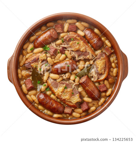 Hearty cassoulet slow cooked casserole with white bean, sausage and duck confit. comforting traditional meal Hearty cassoulet slow cooked casserole with white bean, sausage and duck confit. comforting traditional meal 134225653