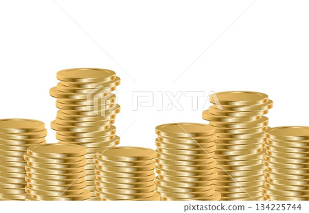 Realistic golden coins stacked in piles on a white background. Perfect for finance, gaming, or money-related projects, banners, and illustrations. 134225744