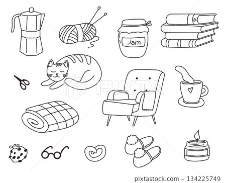 Hand drawn doodle set of cozy home elements including cat, armchair, books, yarn, candle, tea and warm blanket. Cute vector illustration perfect for hygge design, autumn decor, posters, stickers and 134225749
