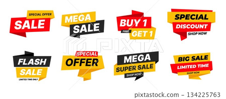 modern vector sale banners in red, yellow, and black colors with bold typography, perfect for retail promotions, online marketing, and seasonal advertising campaigns. 134225763