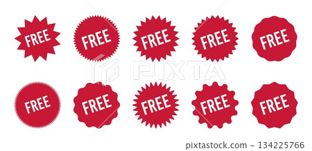 Set of red starburst FREE tags in vector style, designed as clean and modern icons for websites, interfaces, online stores, and digital marketing promotions Set of red starburst FREE tags in vector style, designed as clean and modern icons for websites, interfaces, online stores, and digital marketing promotions 134225766