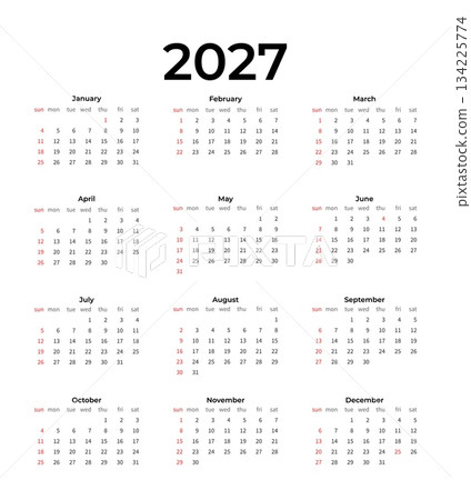 Minimalist 2027 desk calendar template, week starts on Sunday. Perfect for corporate stationery and business design. 134225774