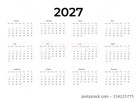 Minimalist 2027 desk calendar template, week starts on Sunday. Perfect for corporate stationery and business design. 134225775
