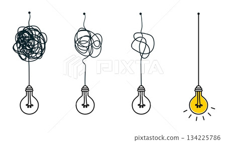Continuous drawing of tangled wires with light bulbs in minimalist scribble style, symbolizing problem solving, creativity and idea generation, perfect for posters, presentations and educational Continuous drawing of tangled wires with light bulbs in minimalist scribble style, symbolizing problem solving, creativity and idea generation, perfect for posters, presentations and educational 134225786