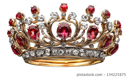 Intricate gold crown brooch of royal jewelry. majestic tiara with ruby and diamond expressing luxurious elegance 134225875