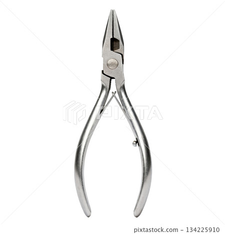 Silver needle nose plier, professional metal hand tool for repair. Useful industrial equipment for any workshop 134225910