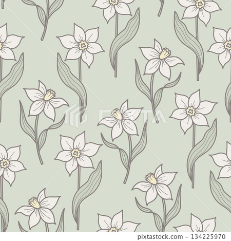 Spring Flowers Daffodils Seamless Pattern. Repeating Pastel Narcissus on Gently Green Background. Botanical Template Doodle. Vector illustration. Not AI Spring Flowers Daffodils Seamless Pattern. Repeating Pastel Narcissus on Gently Green Background. Botanical Template Doodle. Vector illustration. Not AI 134225970