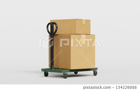 Hand Truck and Cardboard Boxes. 3D Rendering.  134226088