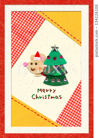Colorful and cute mouse and tree appliqué Christmas card with red frame Colorful and cute mouse and tree appliqué Christmas card with red frame 134226108