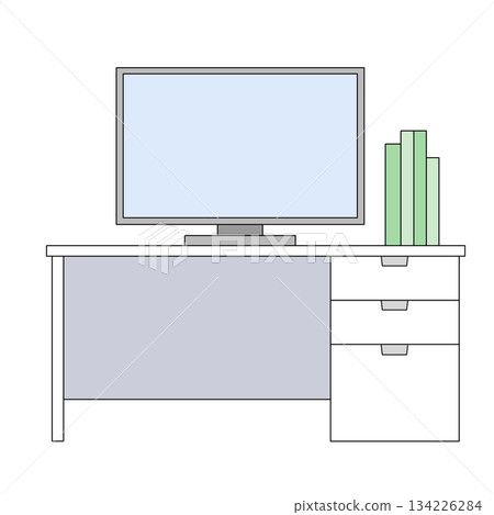 Illustration (color) of a simple desk with a monitor and a few books on it Illustration (color) of a simple desk with a monitor and a few books on it 134226284