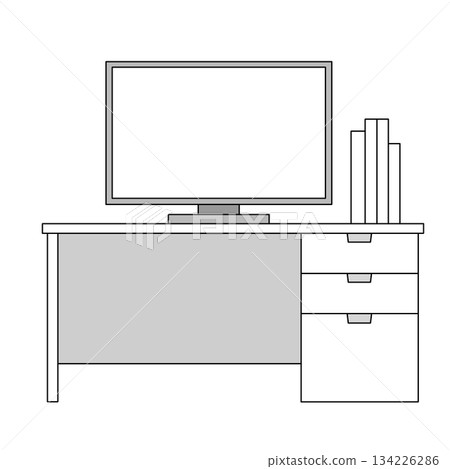 Illustration of a simple desk with a monitor and a few books (monochrome line drawing) Illustration of a simple desk with a monitor and a few books (monochrome line drawing) 134226286
