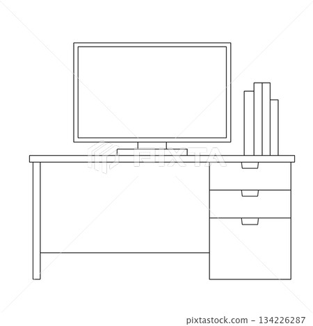 A simple illustration of a desk with a monitor and a few books (black and white line drawing) A simple illustration of a desk with a monitor and a few books (black and white line drawing) 134226287