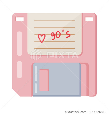 Retro pink floppy disk with 90s heart note Retro pink floppy disk with 90s heart note 134226319